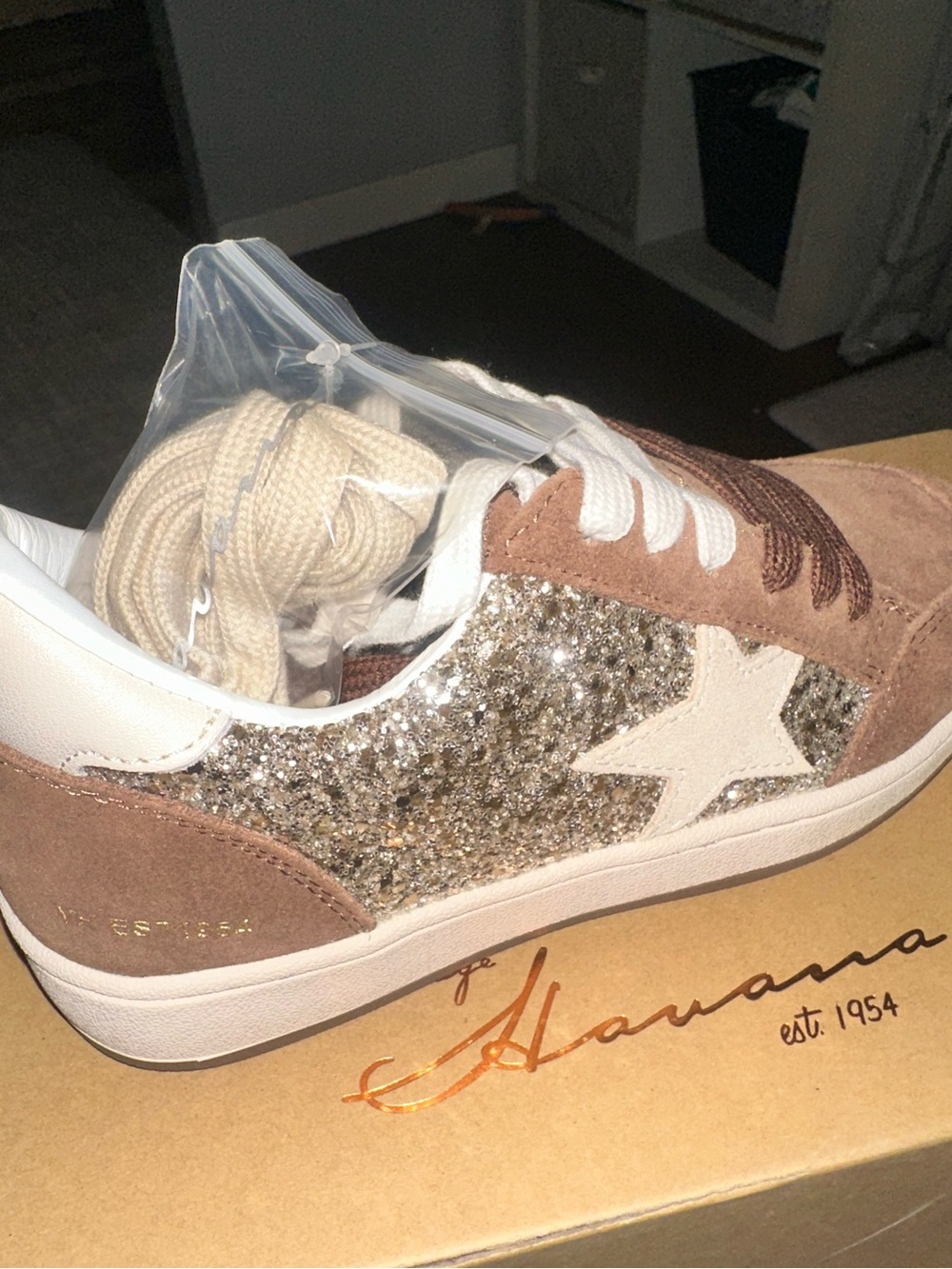 Vintage Havana Denisse Brown Glitter Gold Ivory Star Leather Suede Sneakers -NIB